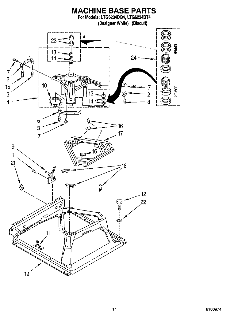 MACHINE BASE PARTS Diagram and Parts List for LTG6234DT4  Whirlpool Washer Dryer Combo