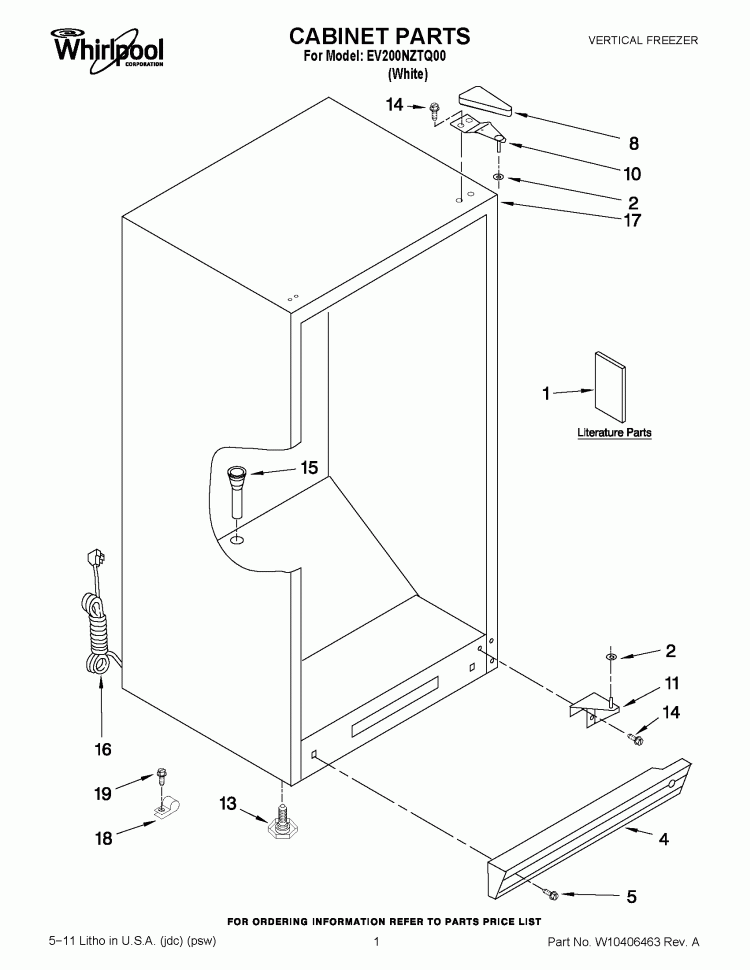 CABINET PARTS Diagram and Parts List for EV200NZTQ00  Whirlpool Freezer