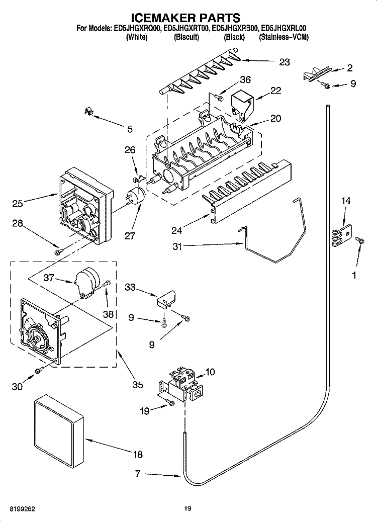 ICEMAKER PARTS, OPTIONAL PARTS Diagram and Parts List for ED5JHGXRB00  Whirlpool Refrigerator