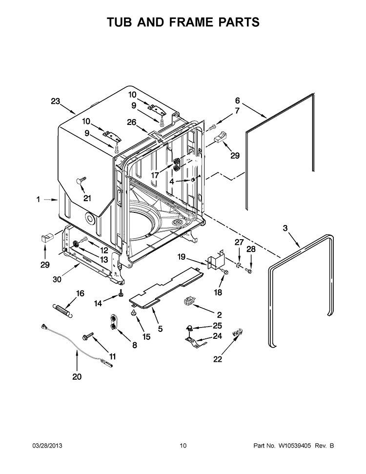 TUB AND FRAME PARTS Diagram and Parts List for WDL785SAAM1  Whirlpool Dishwasher