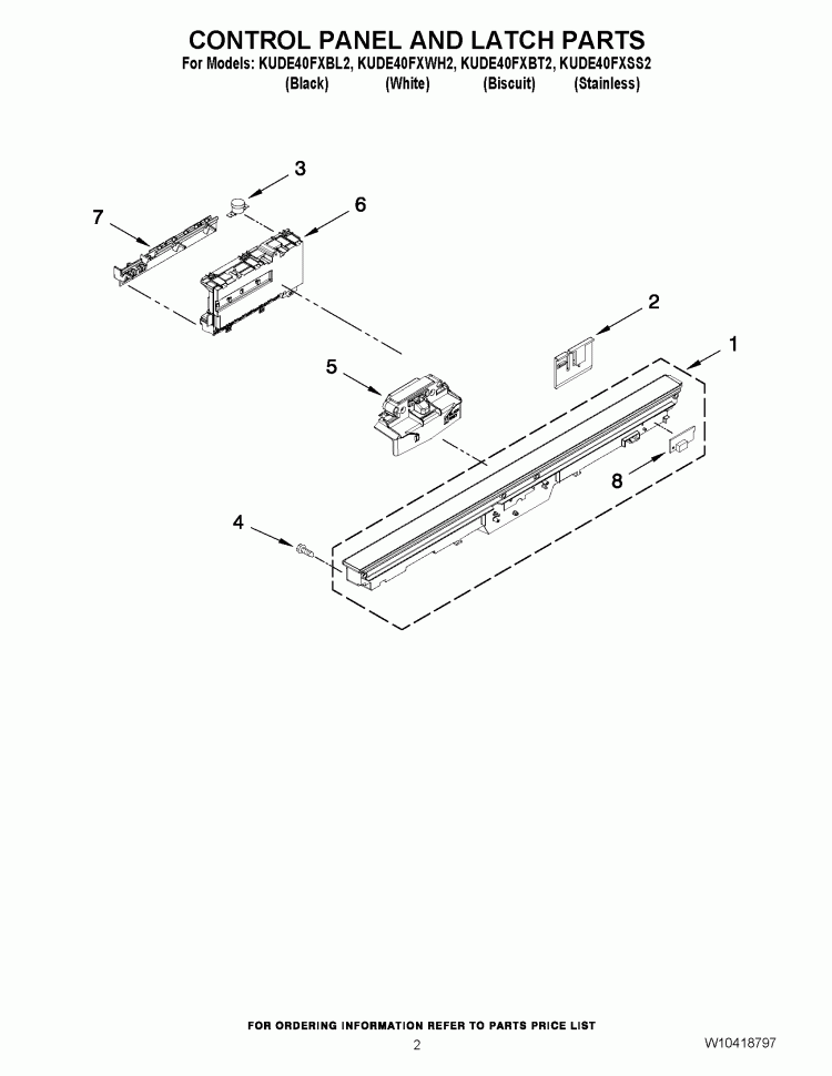 CONTROL PANEL AND LATCH PARTS Diagram and Parts List for KUDE40FXSS2  KitchenAid Dishwasher