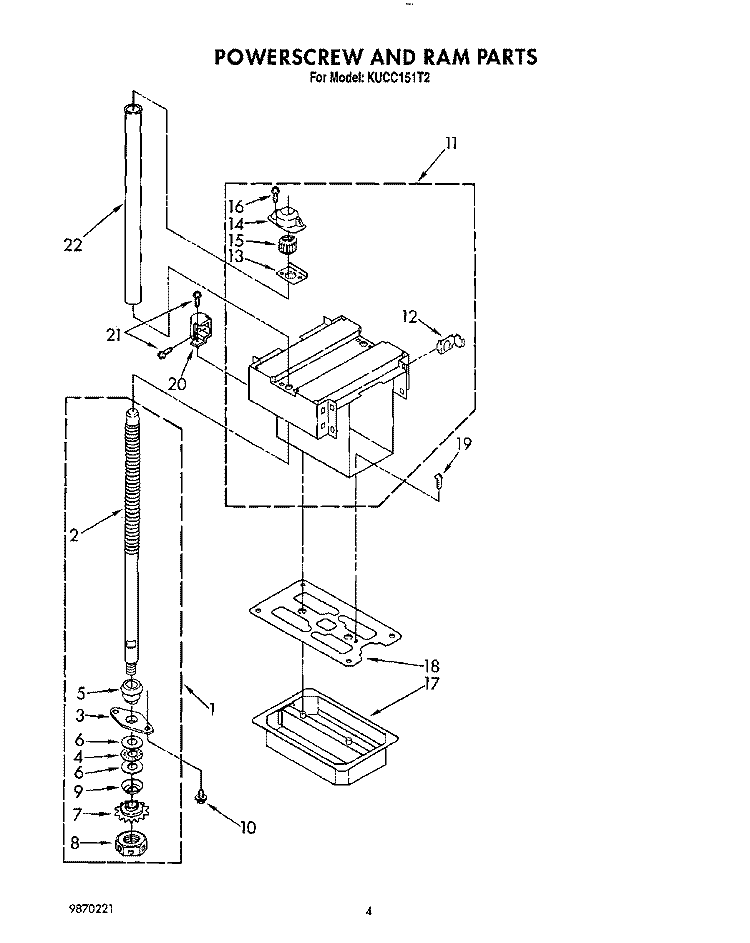 POWERSCREW AND RAM Diagram and Parts List for KUCC151T2  KitchenAid Trash Compactor
