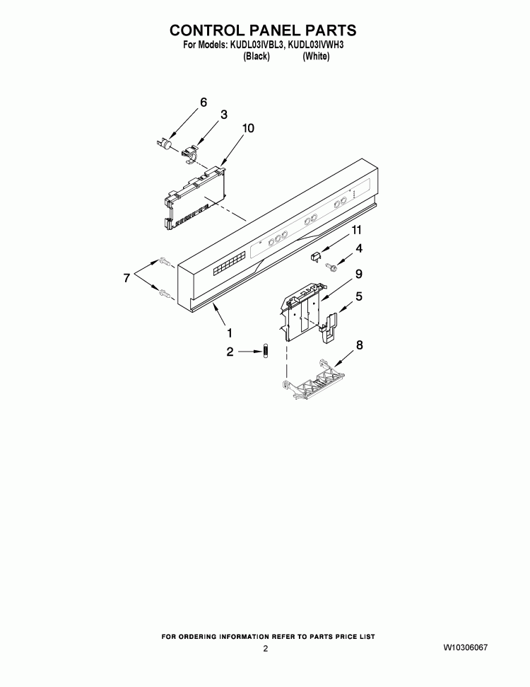 CONTROL PANEL PARTS Diagram and Parts List for KUDL03IVWH3  KitchenAid Dishwasher