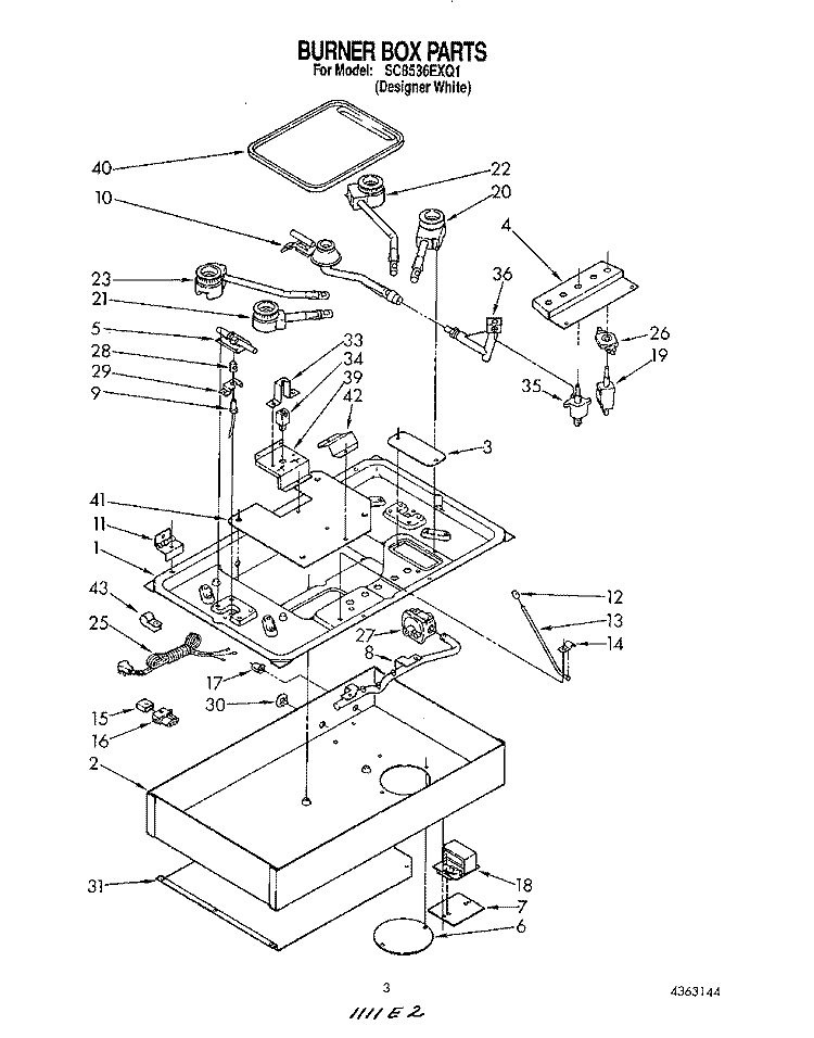 BURNER BOX Diagram and Parts List for SC8536EXQ1  Whirlpool Cooktop