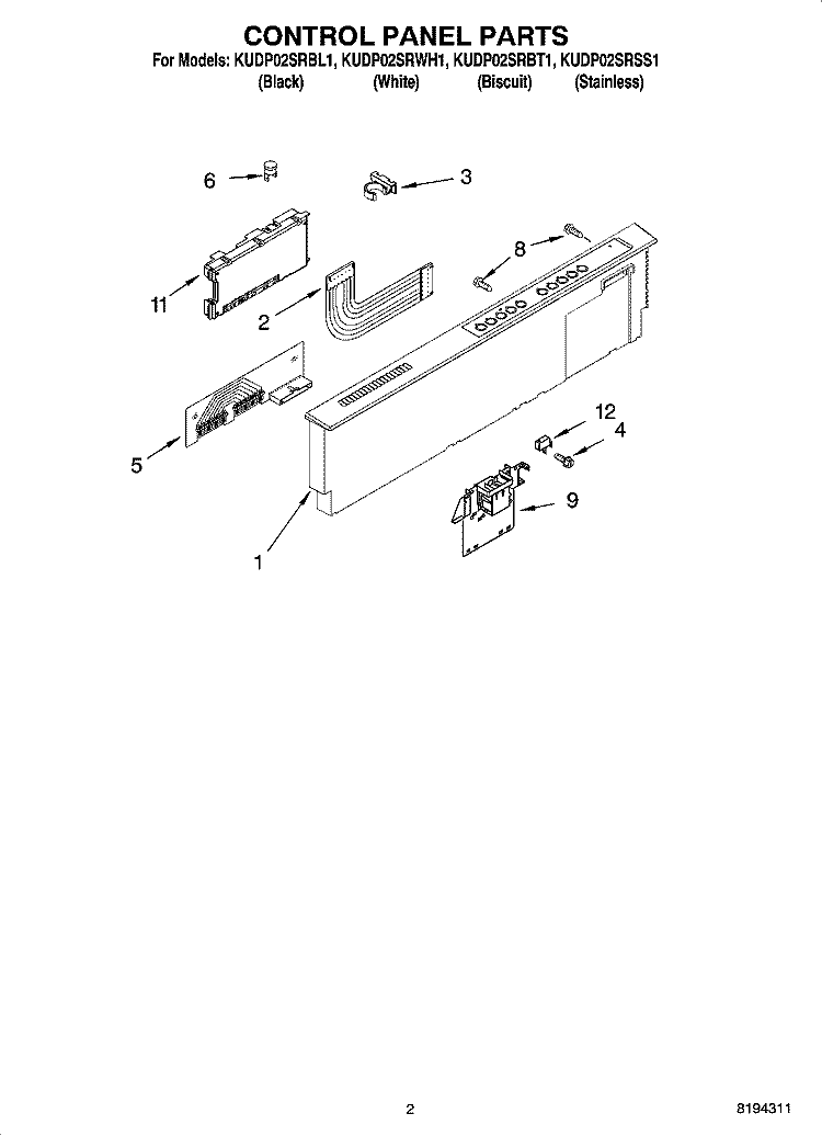 CONTROL PANEL PARTS Diagram and Parts List for KUDP02SRSS1  KitchenAid Dishwasher