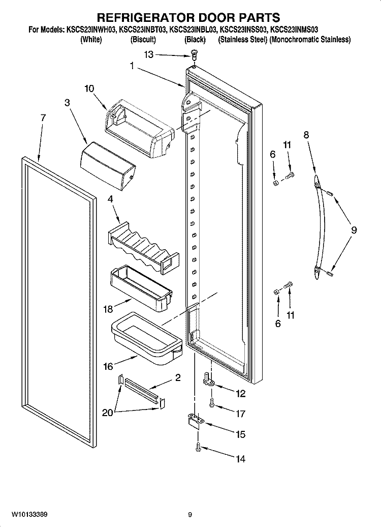REFRIGERATOR DOOR PARTS Diagram and Parts List for KSCS23INBT03  KitchenAid Refrigerator