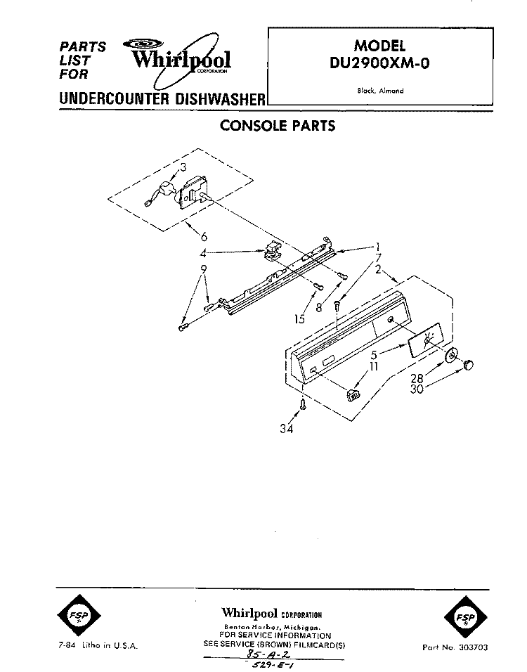 CONSOLE Diagram and Parts List for DU2900XM0  Whirlpool Dishwasher