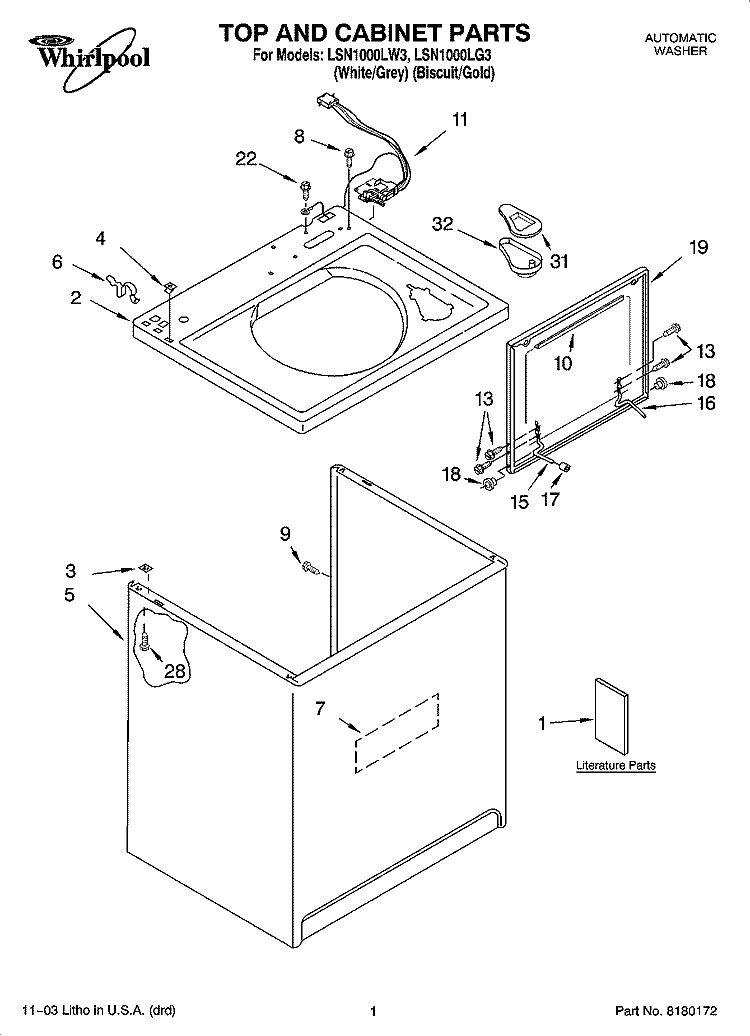 TOP AND CABINET PARTS Diagram and Parts List for LSN1000LG3  Whirlpool Washer
