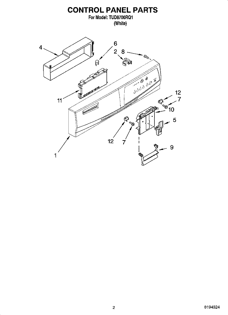 CONTROL PANEL PARTS Diagram and Parts List for TUD8700RQ1  Estate Dishwasher