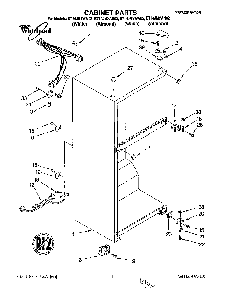 CABINET Diagram and Parts List for ET14JMXAN02  Whirlpool Refrigerator