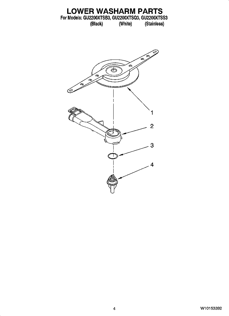 LOWER WASHARM PARTS Diagram and Parts List for GU2200XTSB3  Whirlpool Dishwasher