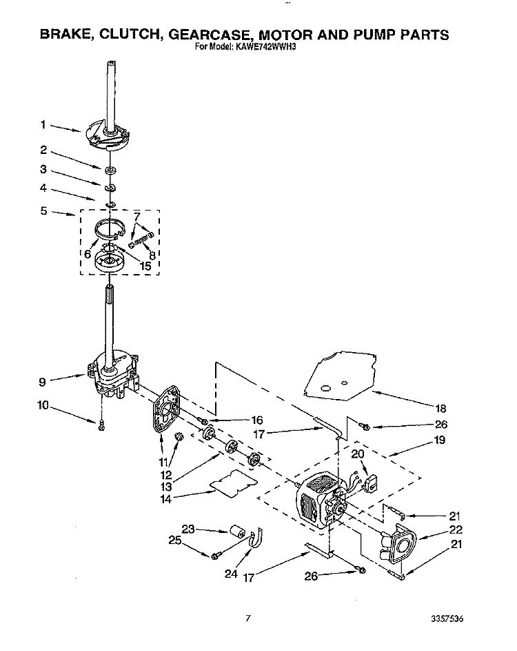 BRAKE, CLUTCH, GEARCASE, MOTOR & PUMP Diagram and Parts List for KAWE742WAL3  KitchenAid Washer