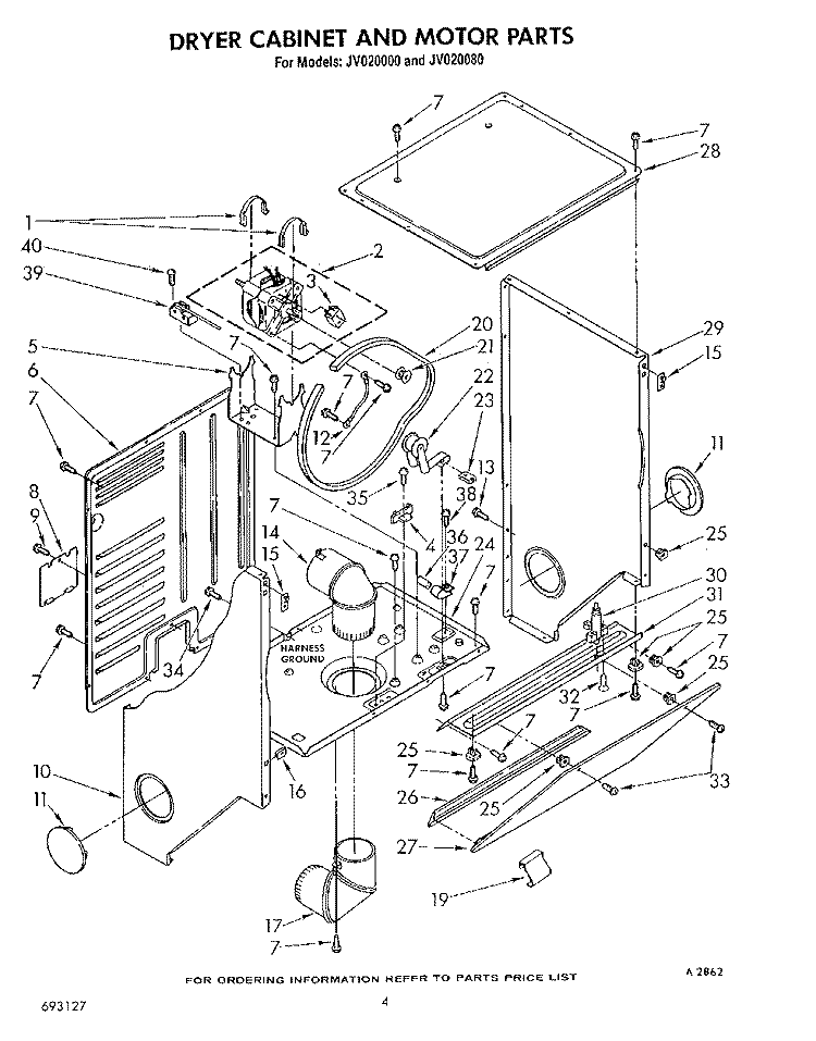DRYER CABINET AND MOTOR Diagram and Parts List for JV020000  Whirlpool Washer Dryer Combo
