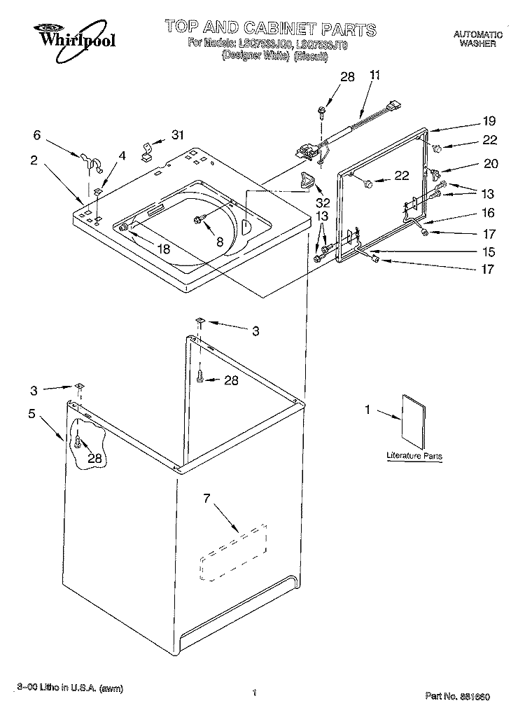 TOP AND CABINET, LITERATURE Diagram and Parts List for LSQ7533JQ0  Whirlpool Washer