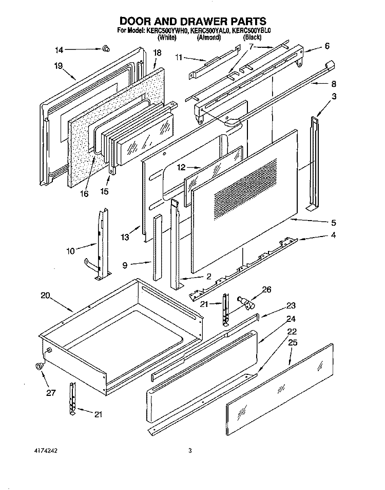 DOOR AND DRAWER Diagram and Parts List for KERC500YBL0  KitchenAid Range