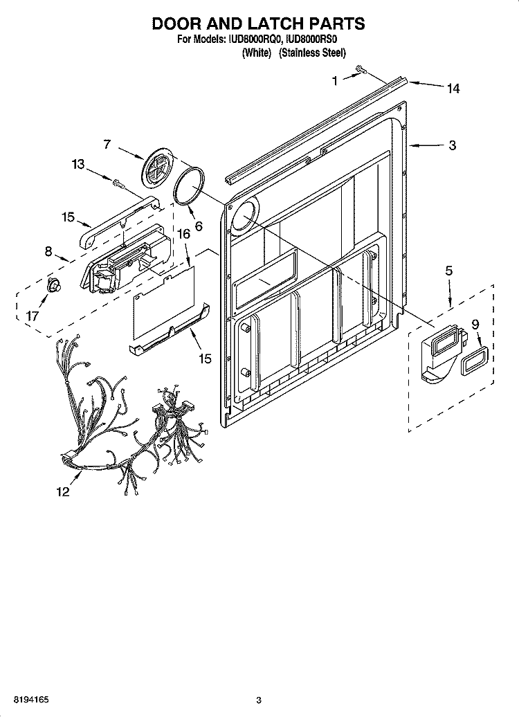 DOOR AND LATCH PARTS Diagram and Parts List for IUD8000RQ0  Whirlpool Dishwasher