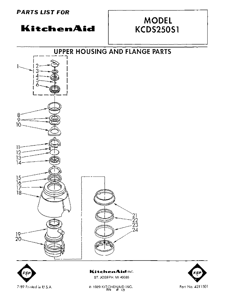 SECTION Diagram and Parts List for KCDS250S1  KitchenAid Food Waste Disposer
