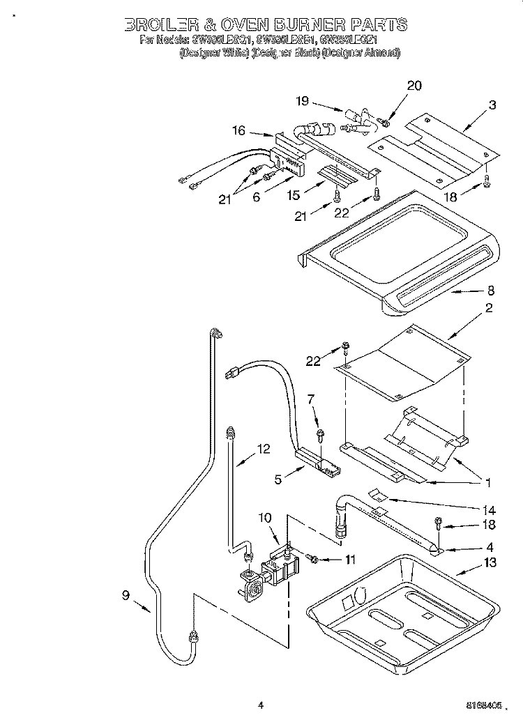 BROILER AND OVEN BURNER Diagram and Parts List for GW395LEGZ1  Whirlpool Range