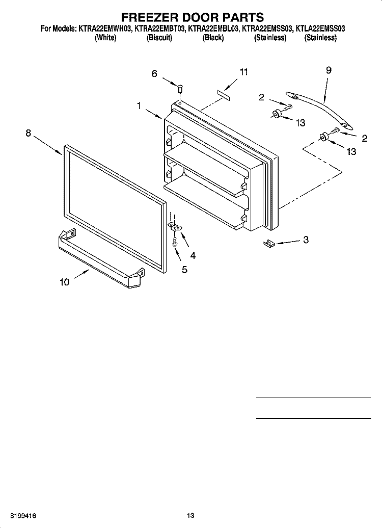 FREEZER DOOR PARTS Diagram and Parts List for KTLA22EMSS03  Whirlpool Refrigerator