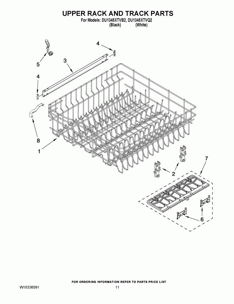 UPPER RACK AND TRACK PARTS Diagram and Parts List for DU1345XTVB2  Whirlpool Dishwasher