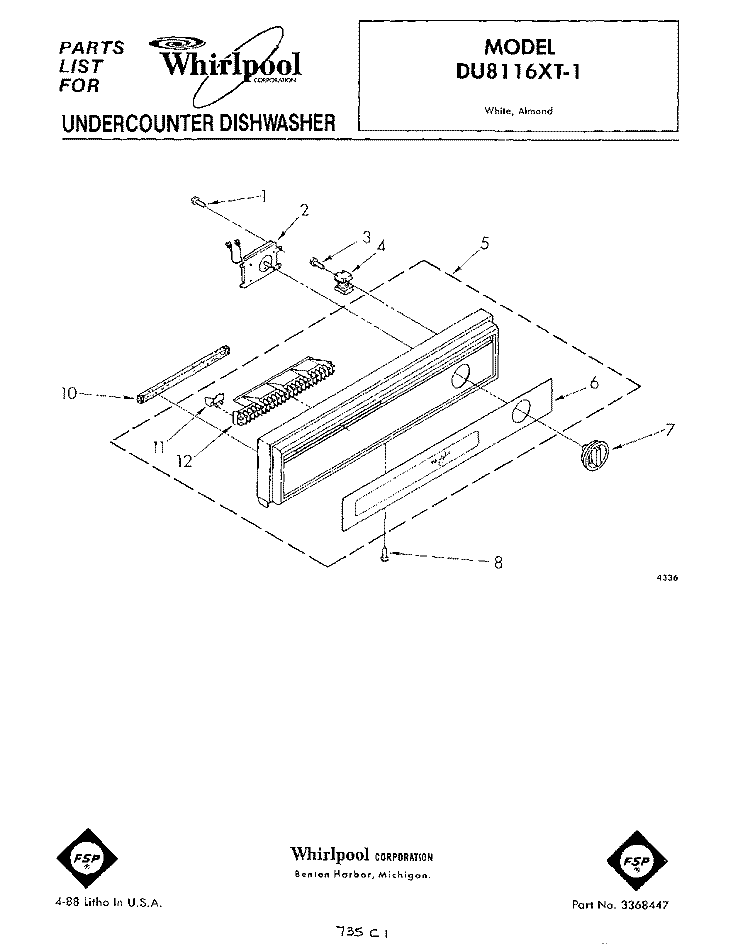 CONSOLE Diagram and Parts List for DU8116XT1  Whirlpool Dishwasher