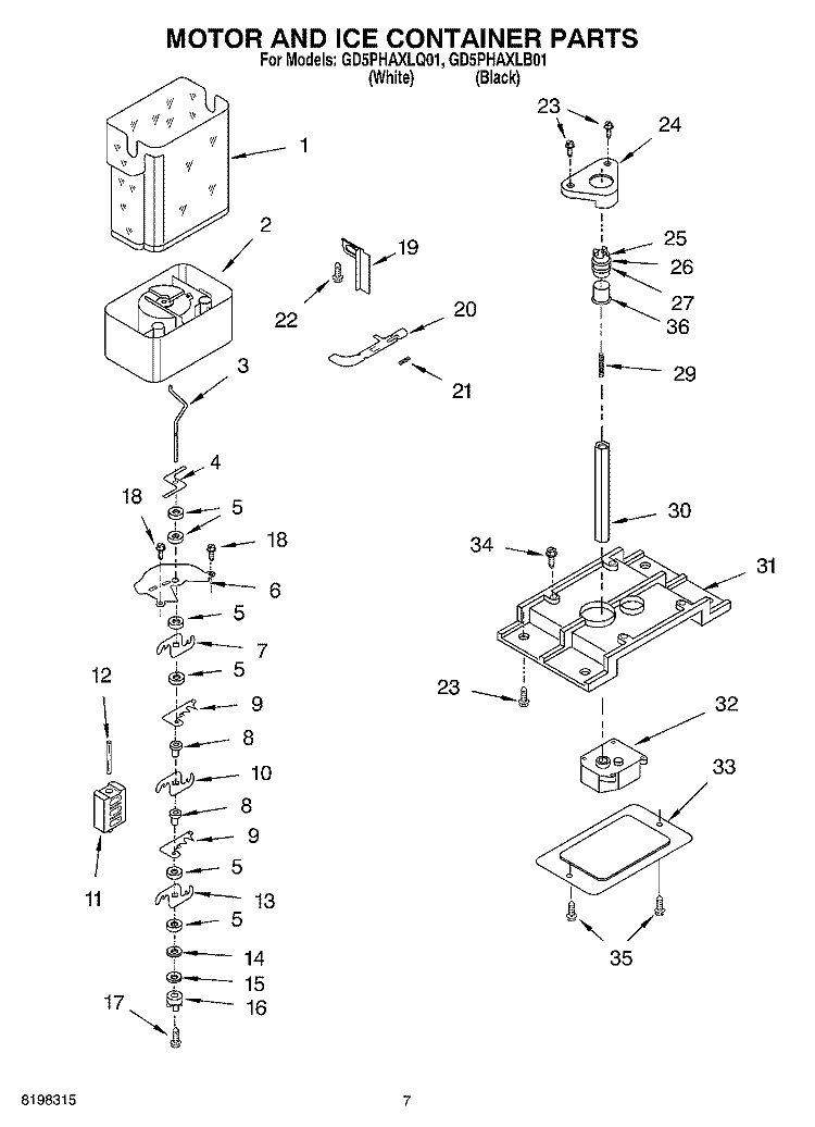MOTOR AND ICE CONTAINER PARTS Diagram and Parts List for GD5PHAXLQ01  Whirlpool Refrigerator