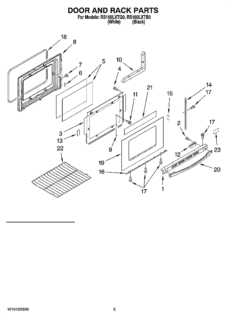 DOOR AND RACK PARTS, OPTIONAL PARTS (NOT INCLUDED) Diagram and Parts List for RS160LXTB0  Whirlpool Range