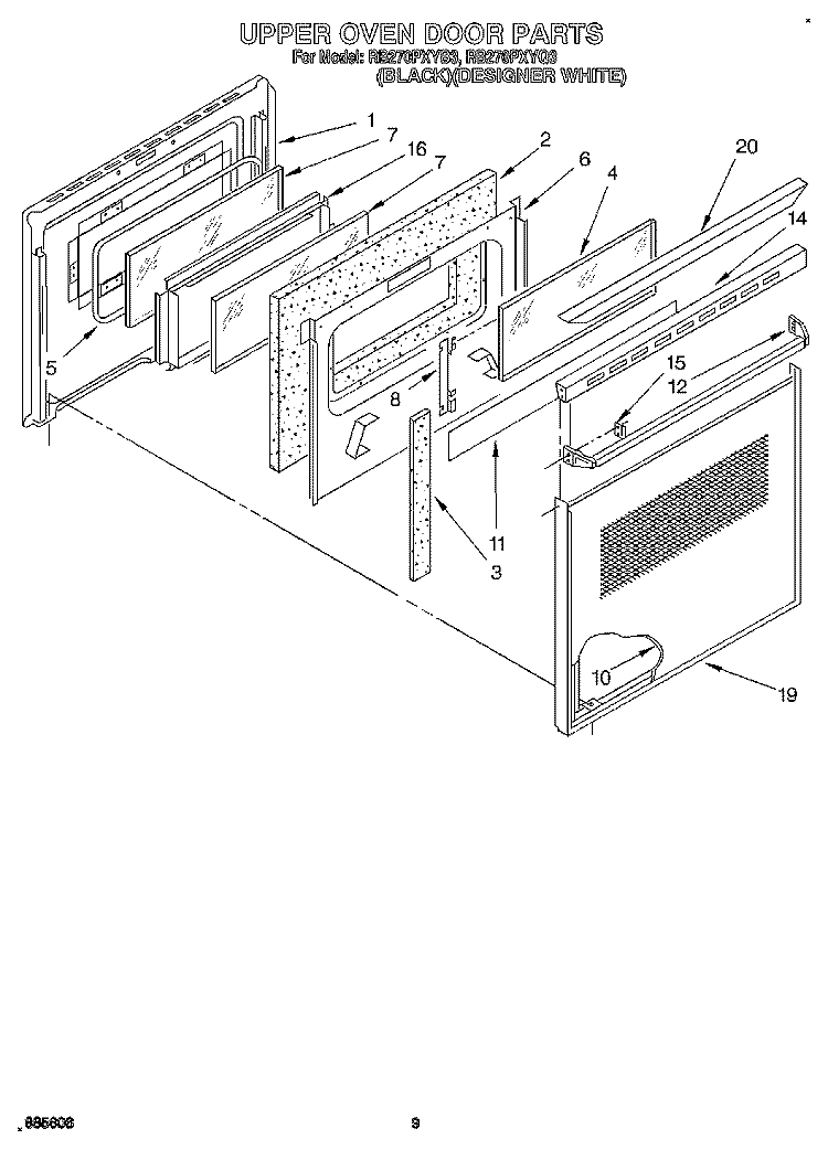 UPPER OVEN DOOR Diagram and Parts List for RB270PXYB3  Whirlpool Wall Oven