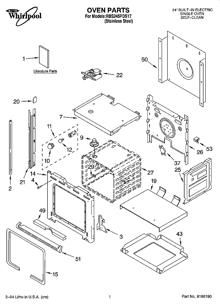 OVEN PARTS Diagram and Parts List for RBS245PDS17  Whirlpool Wall Oven