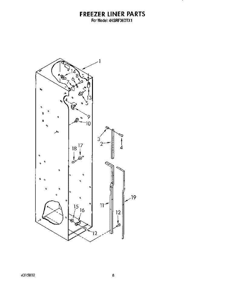 FREEZER LINER Diagram and Parts List for 4KSRF36DTX1  KitchenAid Refrigerator