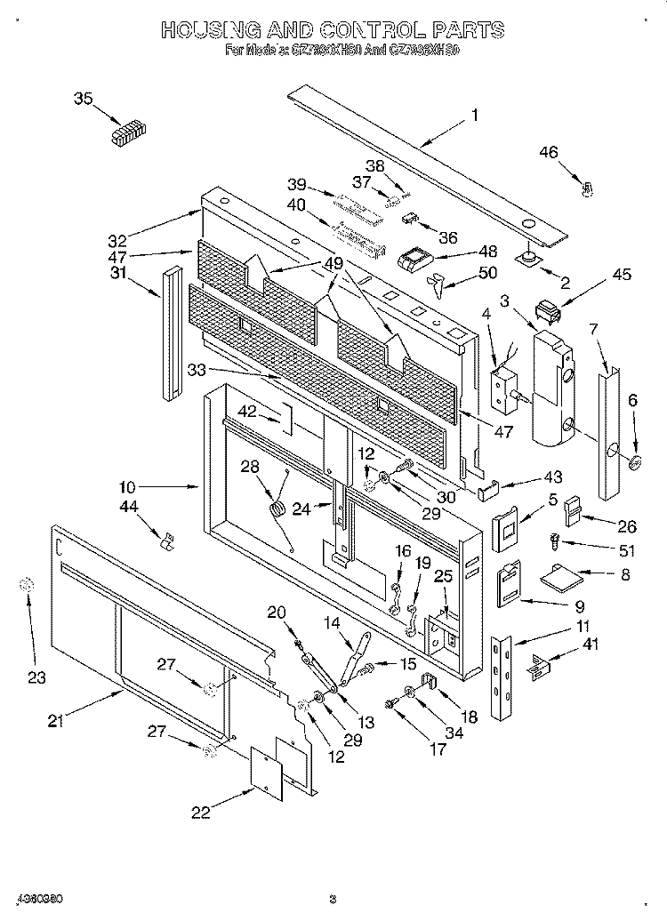 HOUSING AND CONTROL Diagram and Parts List for GZ7936XHS0  Whirlpool Range Hood