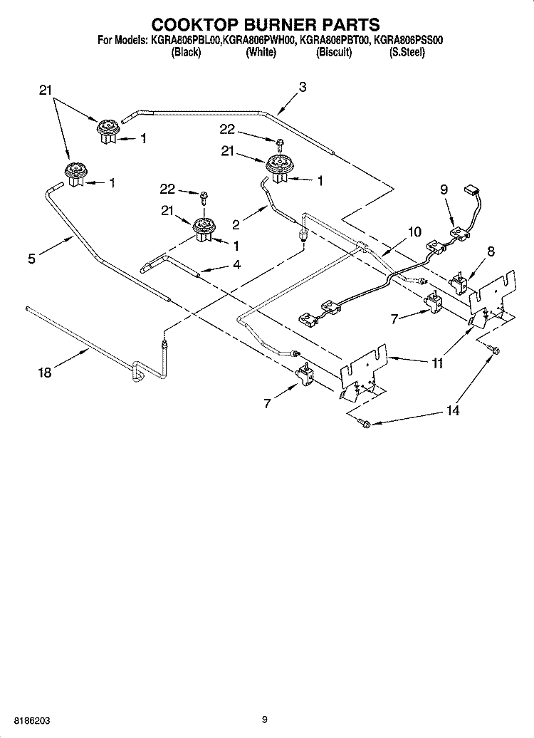COOKTOP BURNER PARTS Diagram and Parts List for KGRA806PBL00  KitchenAid Range