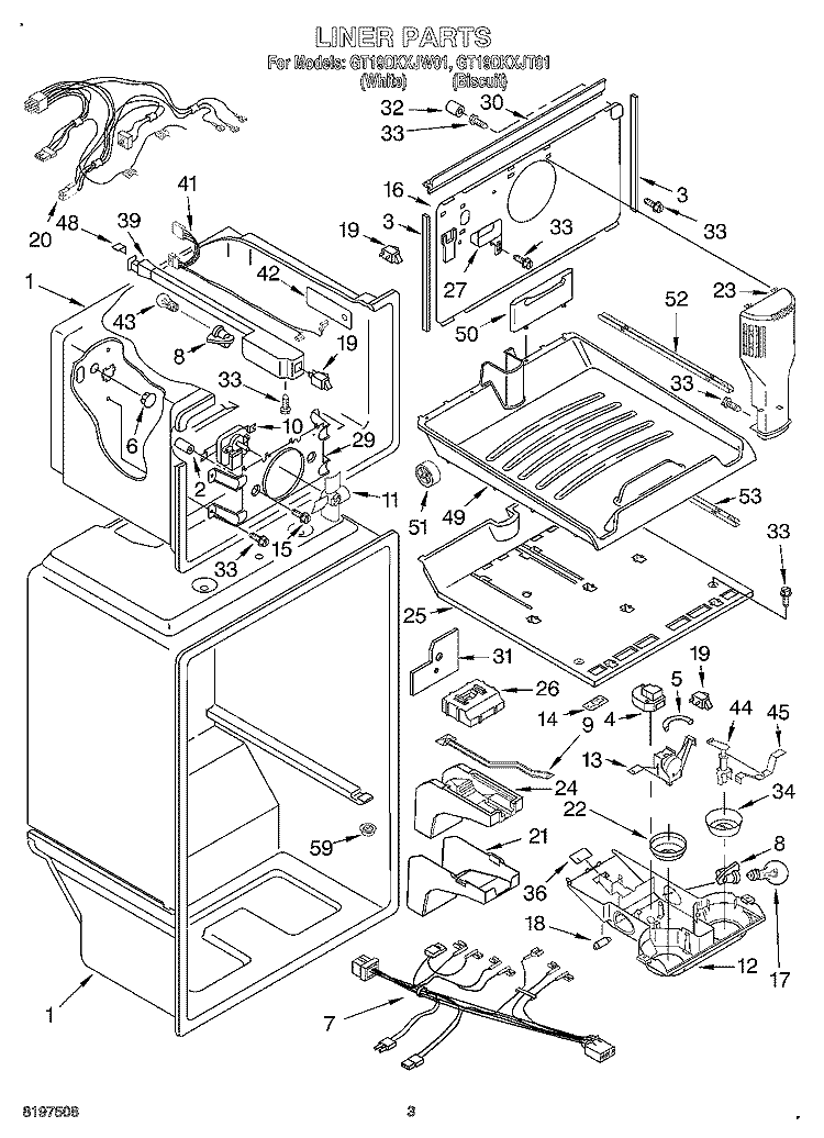 LINER Diagram and Parts List for GT19DKXJT01  Whirlpool Refrigerator