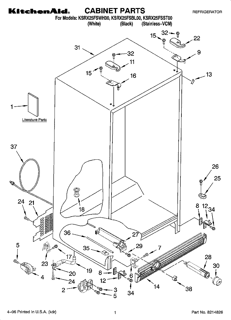CABINET PARTS Diagram and Parts List for KSRX25FSST00  KitchenAid Refrigerator