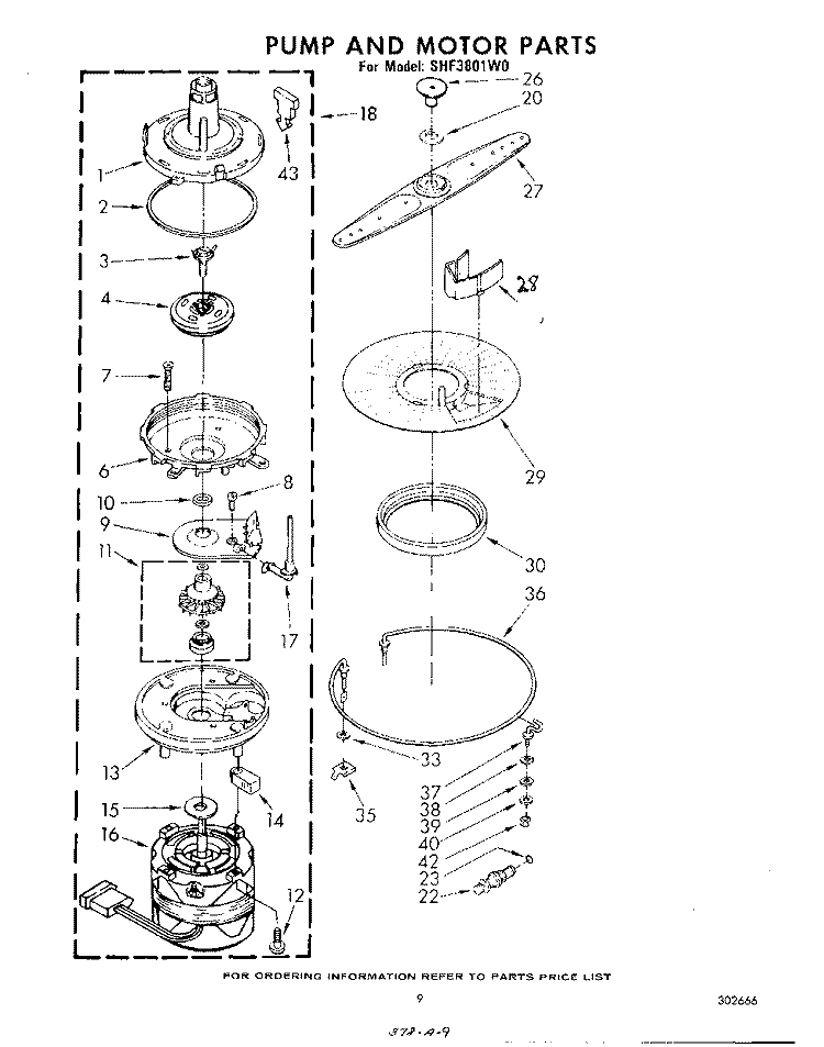 PUMP AND MOTOR Diagram and Parts List for SHF3801W0  Whirlpool Dishwasher