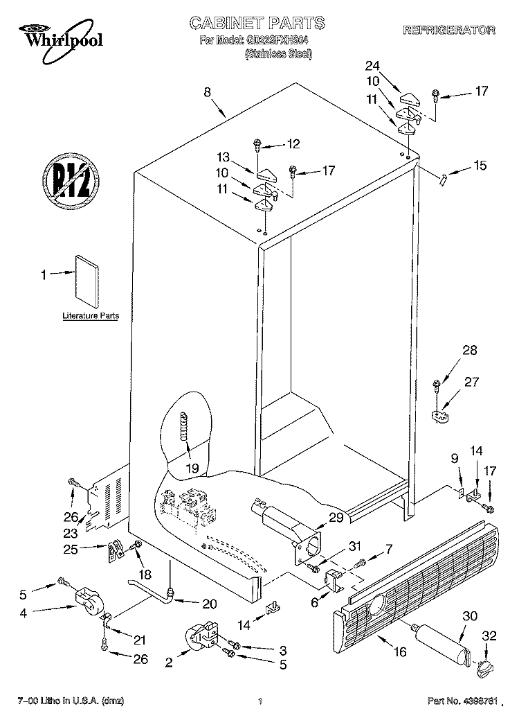 CABINET, LITERATURE Diagram and Parts List for GD22SFXHS04  Whirlpool Refrigerator