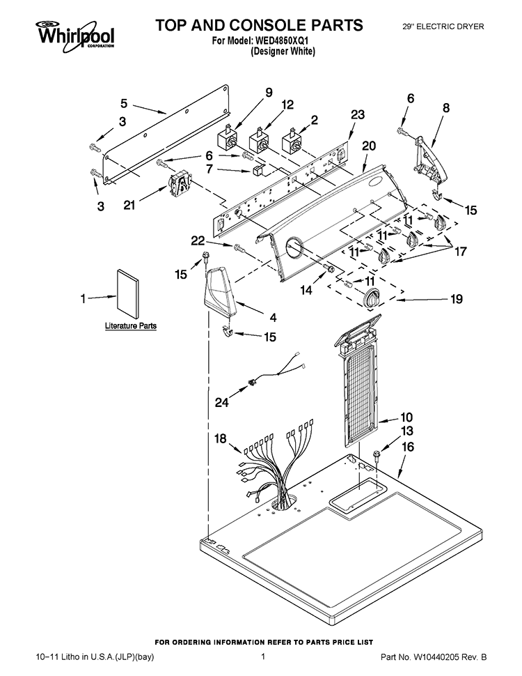 TOP AND CONSOLE PARTS Diagram and Parts List for WED4850XQ1  Whirlpool Dryer