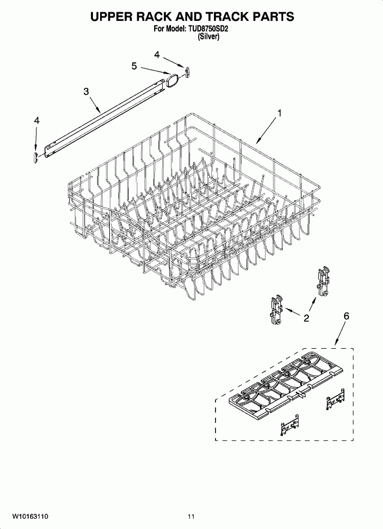 UPPER RACK AND TRACK PARTS Diagram and Parts List for TUD8750SD2  Estate Dishwasher