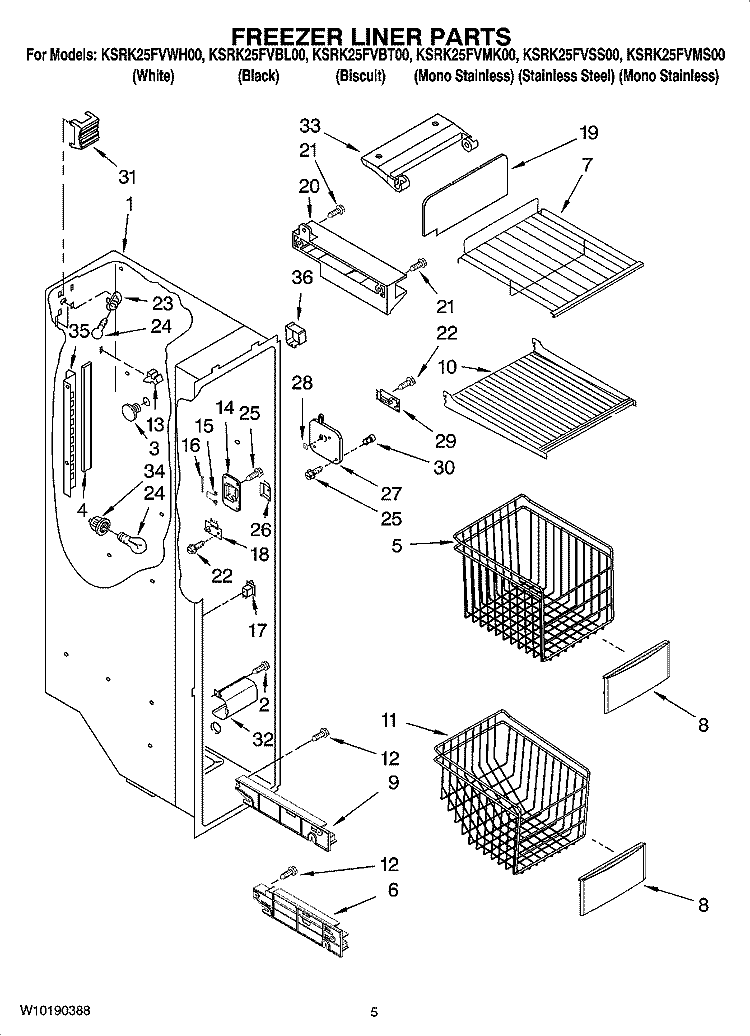 FREEZER LINER PARTS Diagram and Parts List for KSRK25FVMK00  KitchenAid Refrigerator