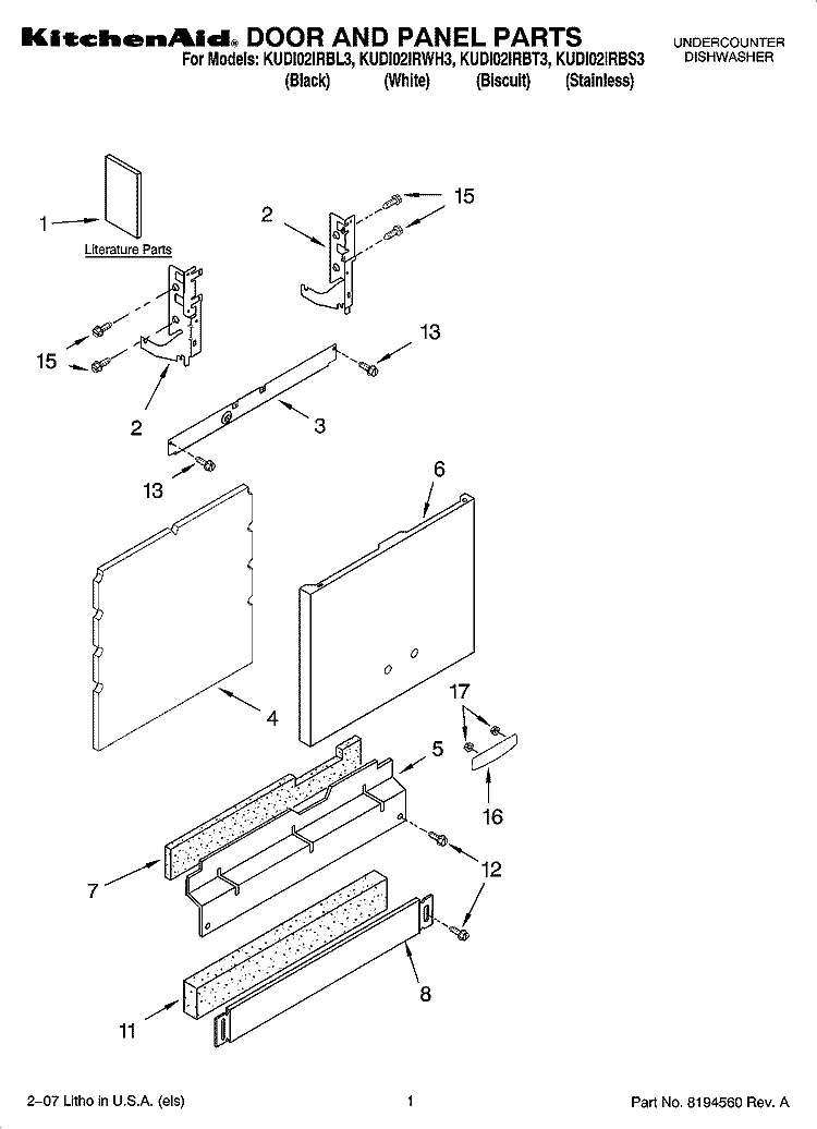 DOOR AND PANEL PARTS Diagram and Parts List for KUDI02IRBL3  KitchenAid Dishwasher