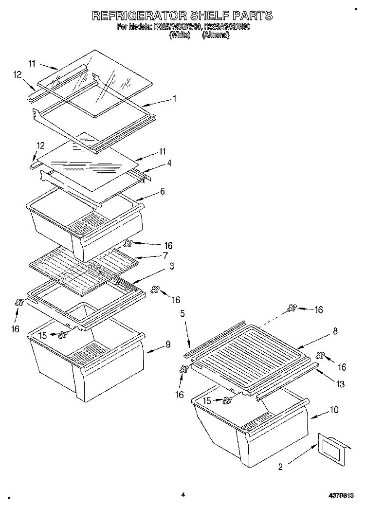 REFRIGERATOR SHELF Diagram and Parts List for RS25AWXDW00  Roper Refrigerator