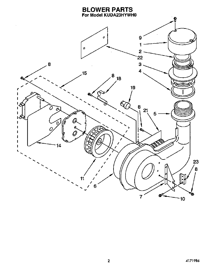 BLOWER Diagram and Parts List for KUDA23HYWH0  KitchenAid Dishwasher