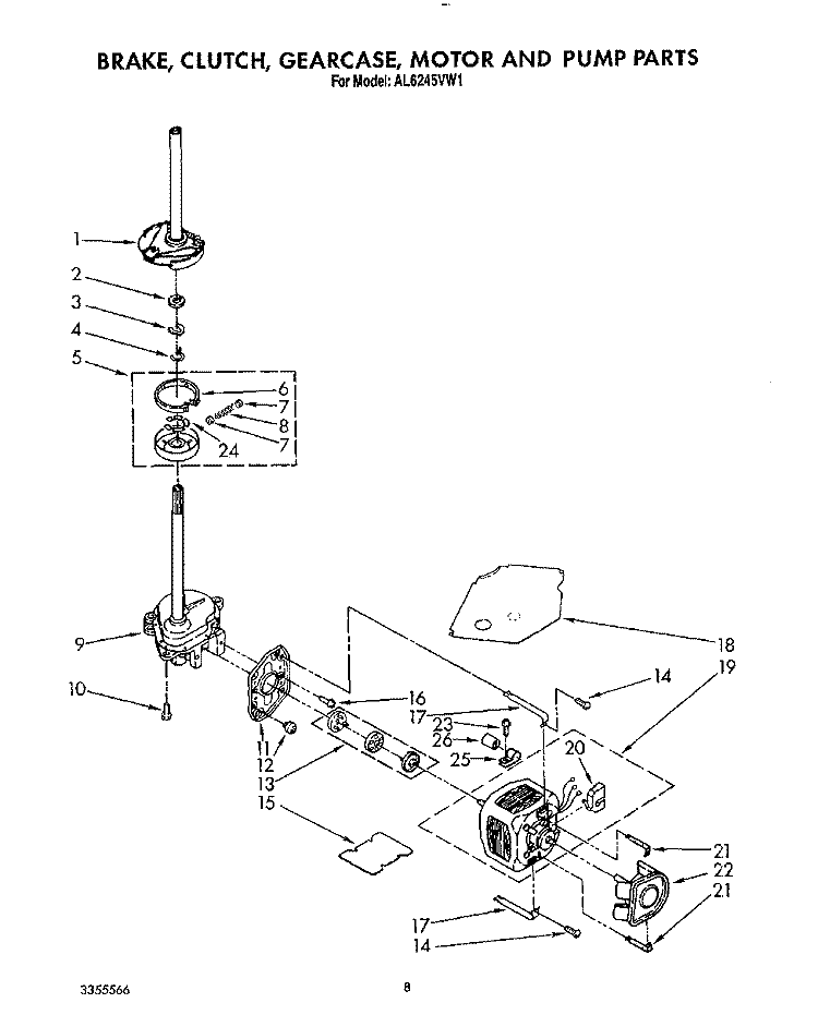 BRAKE, CLUTCH, GEARCASE, MOTOR AND PUMP Diagram and Parts List for AL6245VW1  Whirlpool Washer