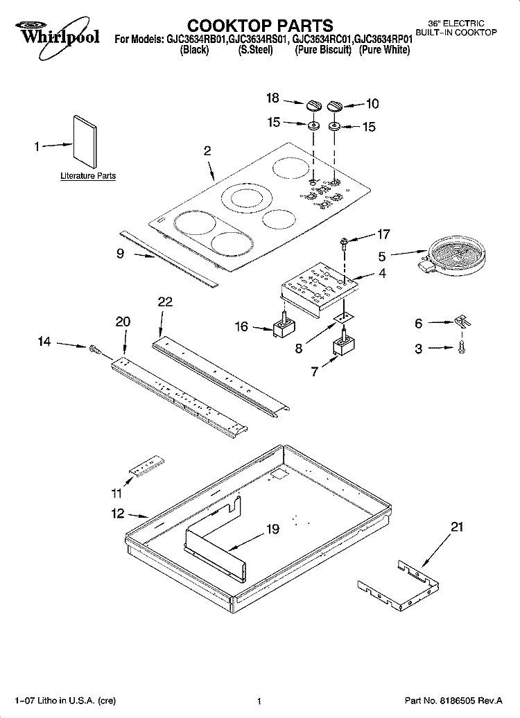 COOKTOP PARTS Diagram and Parts List for GJC3634RP01  Whirlpool Cooktop
