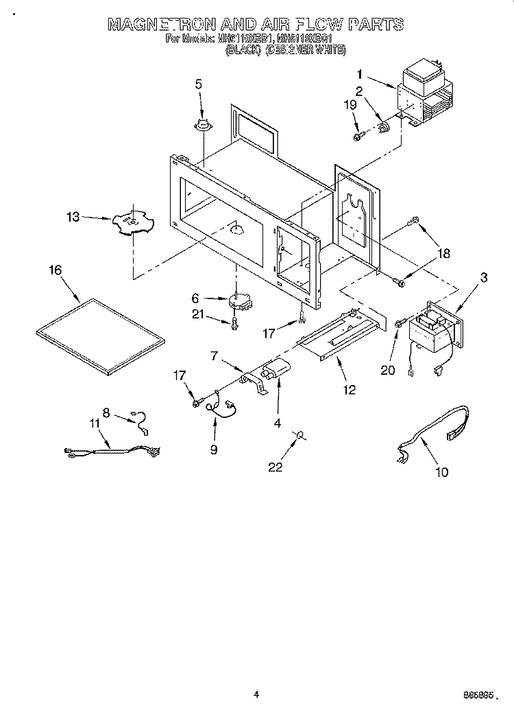 MAGNETRON AND AIR FLOW Diagram and Parts List for MH6110XEB1  Whirlpool Microwave