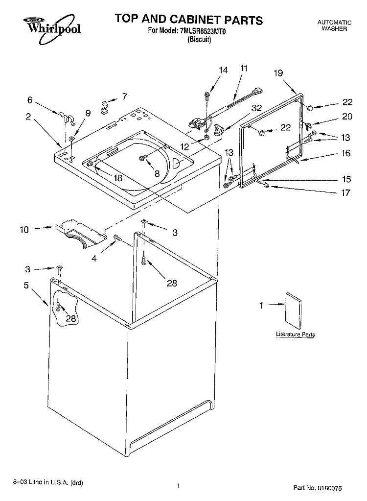 TOP AND CABINET PARTS Diagram and Parts List for 7MLSR8523MT0  Whirlpool Washer