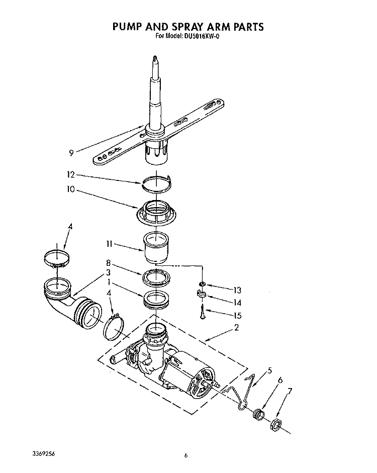 PUMP AND SPRAY ARM Diagram and Parts List for DU5016XW0  Whirlpool Dishwasher