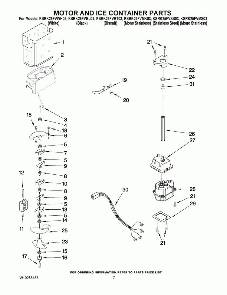 MOTOR AND ICE CONTAINER PARTS Diagram and Parts List for KSRK25FVBL03  KitchenAid Refrigerator
