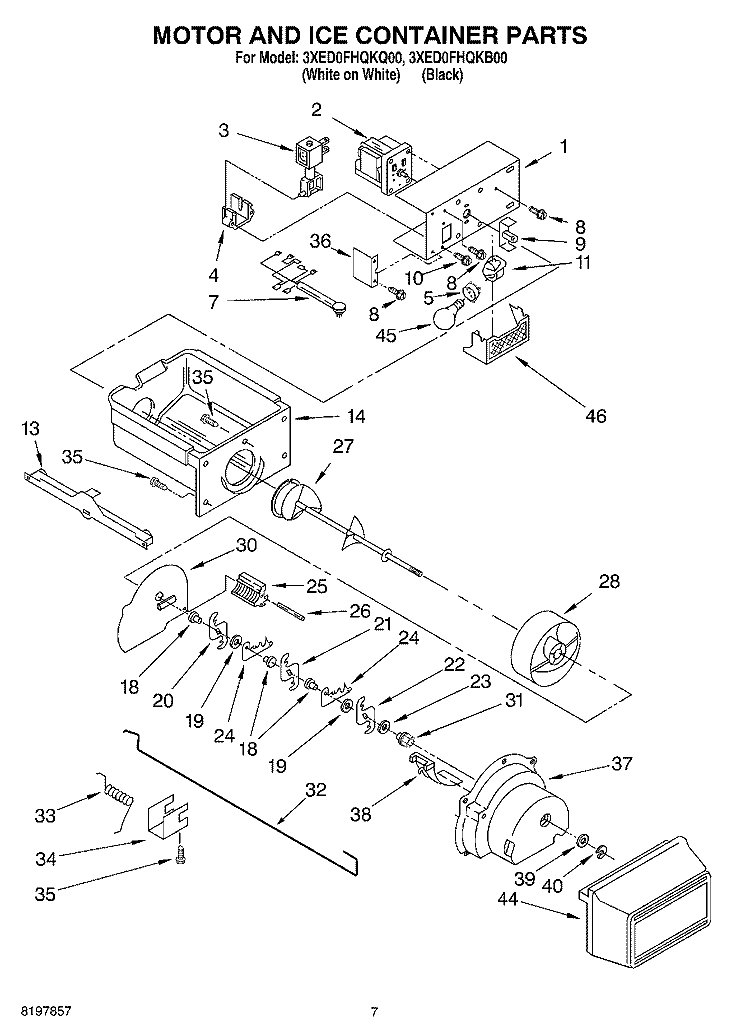 MOTOR AND ICE CONTAINER Diagram and Parts List for 3XED0FHQKQ00  Whirlpool Refrigerator