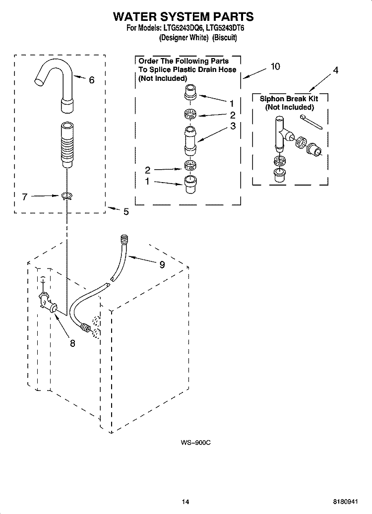 WATER SYSTEM PARTS Diagram and Parts List for LTG5243DT6  Whirlpool Washer Dryer Combo